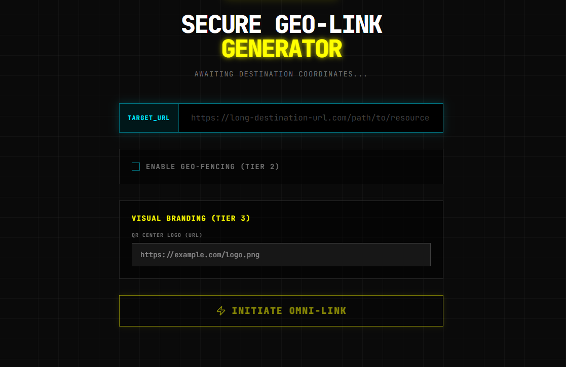 Omni Geo-Link React Frontend Interface showing dark mode and neon yellow UI